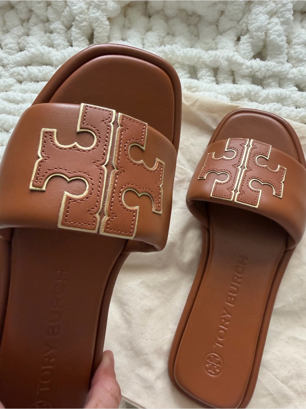 Tory Burch Brown Leather Logo Slide Sandals - Picture 3 of 7